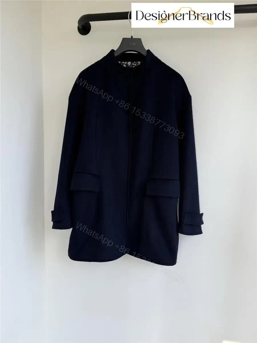 View 3 of Navy Wool-Blend Coat: Structured, Hidden Scarf Lining
