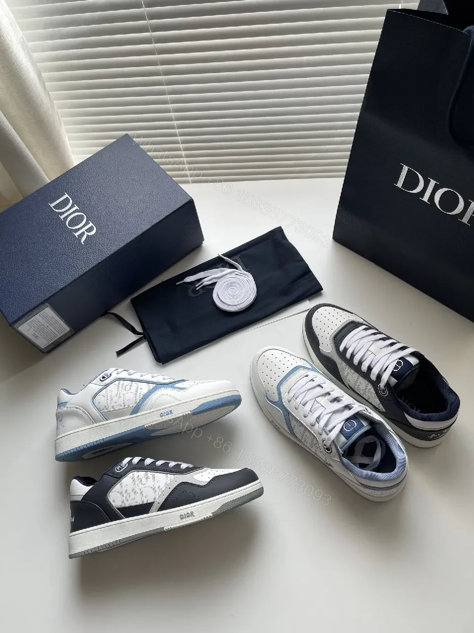 View 4 of White & Ice Blue Leather Sneakers: Subtle Luxury Trainer