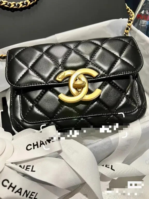 View 4 of Quilted Black Leather Flap Bag with Gold Logo Charm