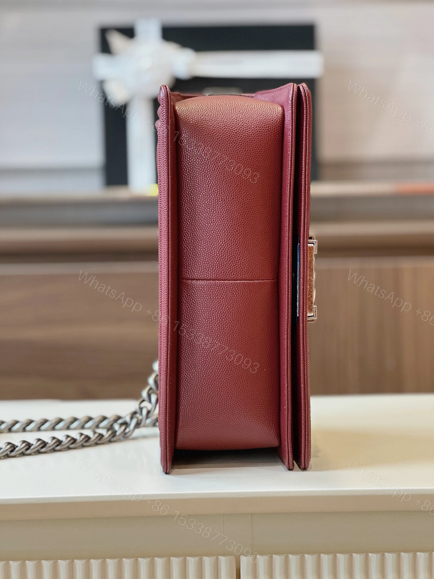 View 4 of Chanel Boy Medium Handbag Woman’s V-Pattern Red Leather 25cm