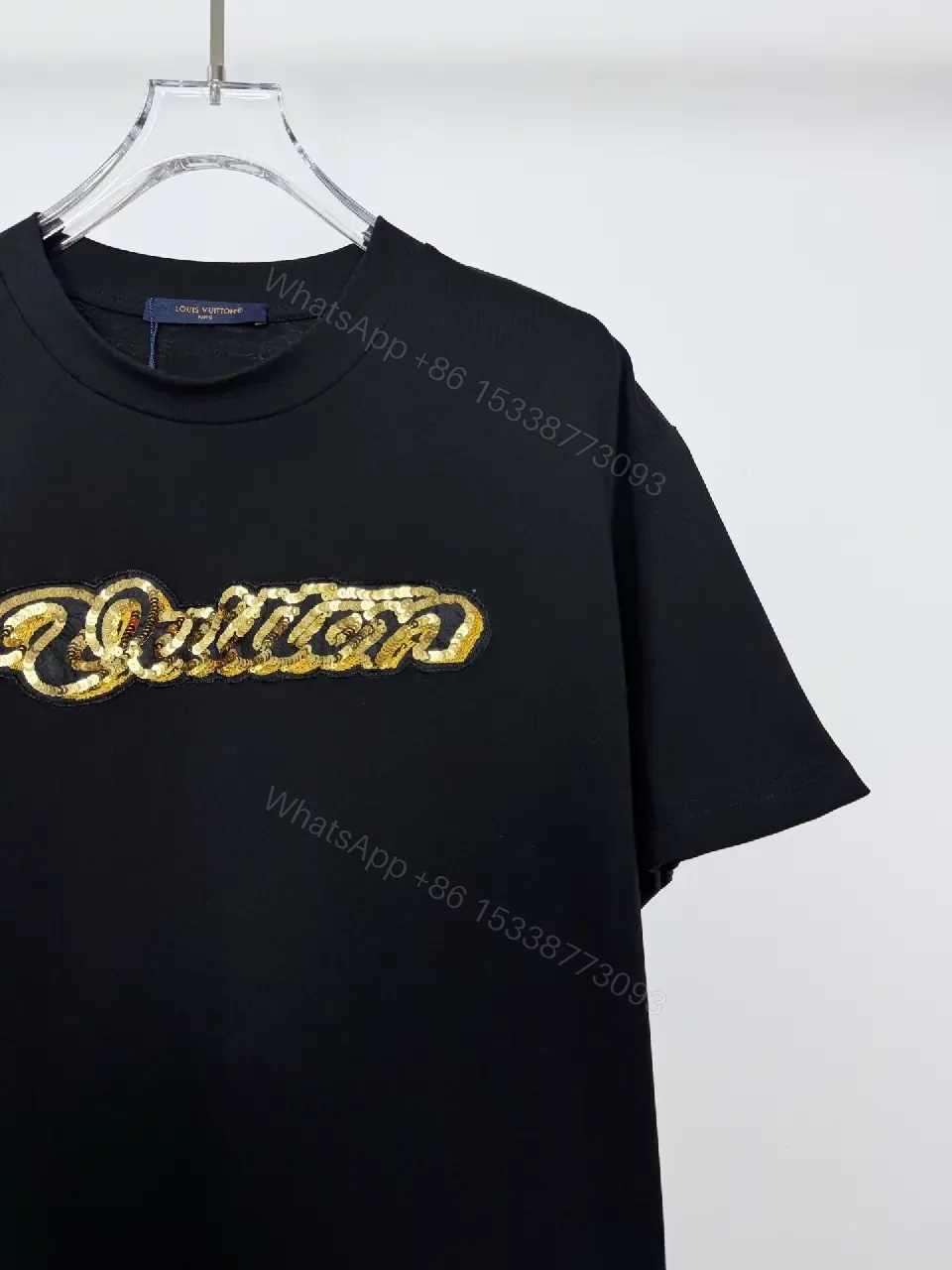 View 5 of Black Cotton Tee with Gold Sequin Logo, Luxe Everyday Streetwear