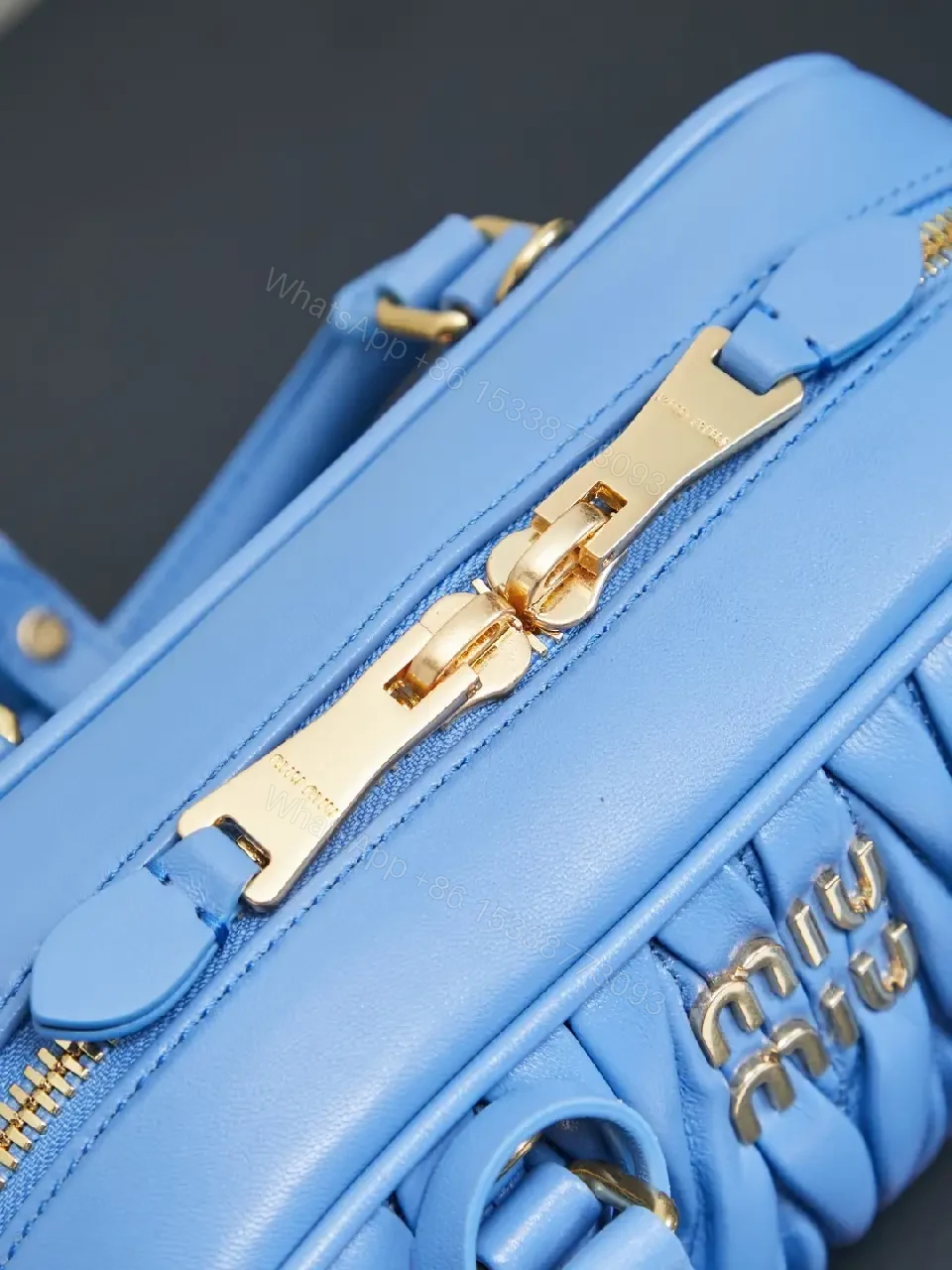 View 10 of Bright Blue Quilted Structured Satchel with Top Handles Analogous to Miu Miu-style Gold Hardware Bag