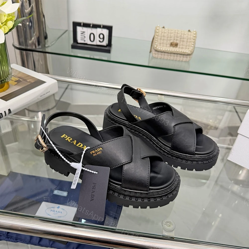 View 2 of PRADA Crisscross Leather Sandals 914970