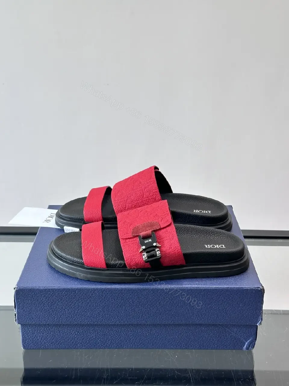 View 3 of Red Suede Leather Style Buckle Accent Dior Slides