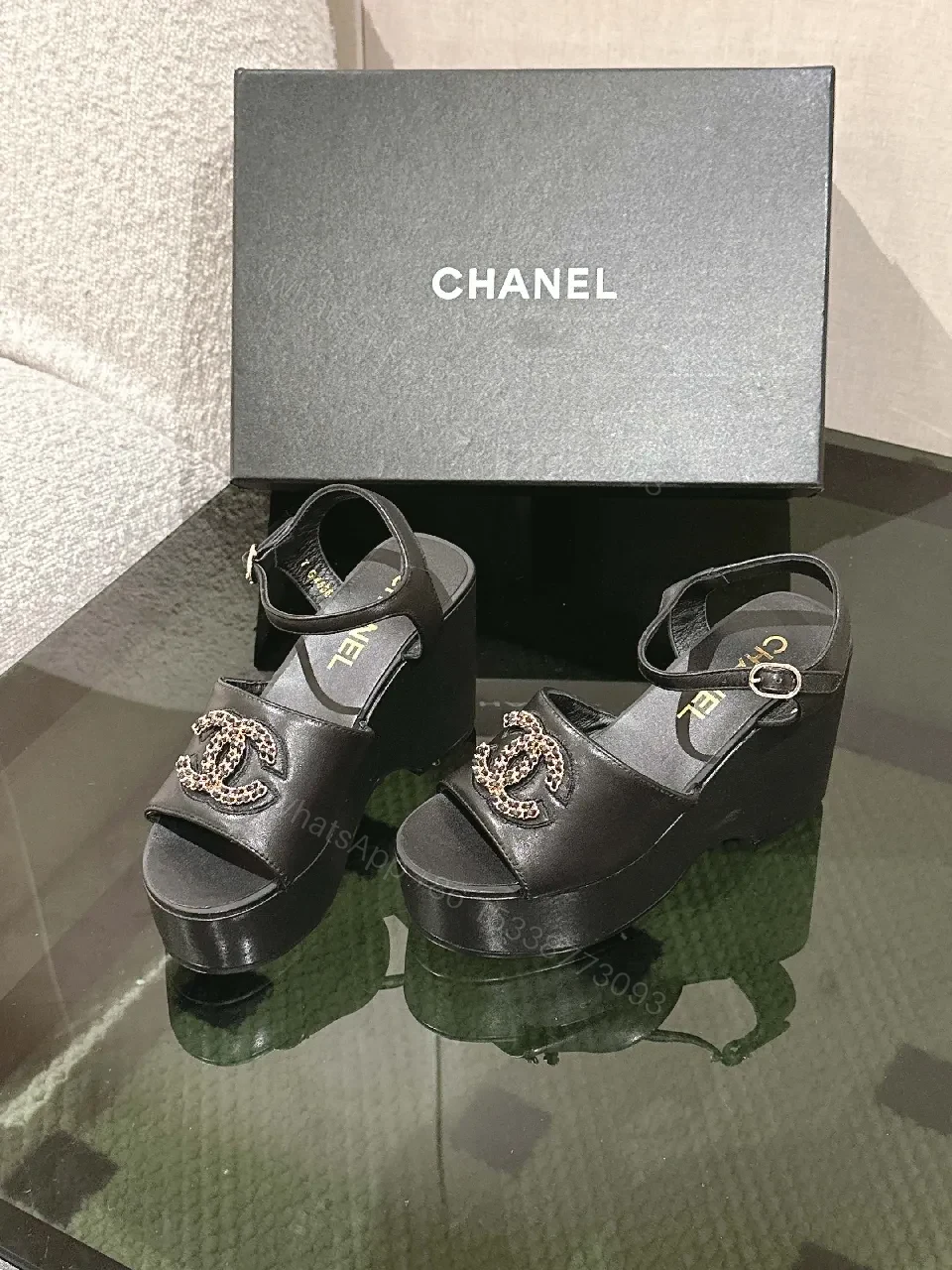 View 2 of Black Leather Block Heel Sandals with Logo Charm, Open Toe, Ankle Strap