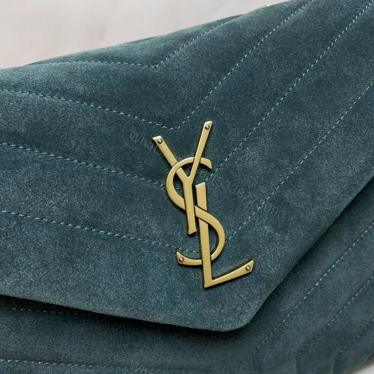View 5 of Chic Teal Suede Quilted Shoulder Bag with Gold Monogram