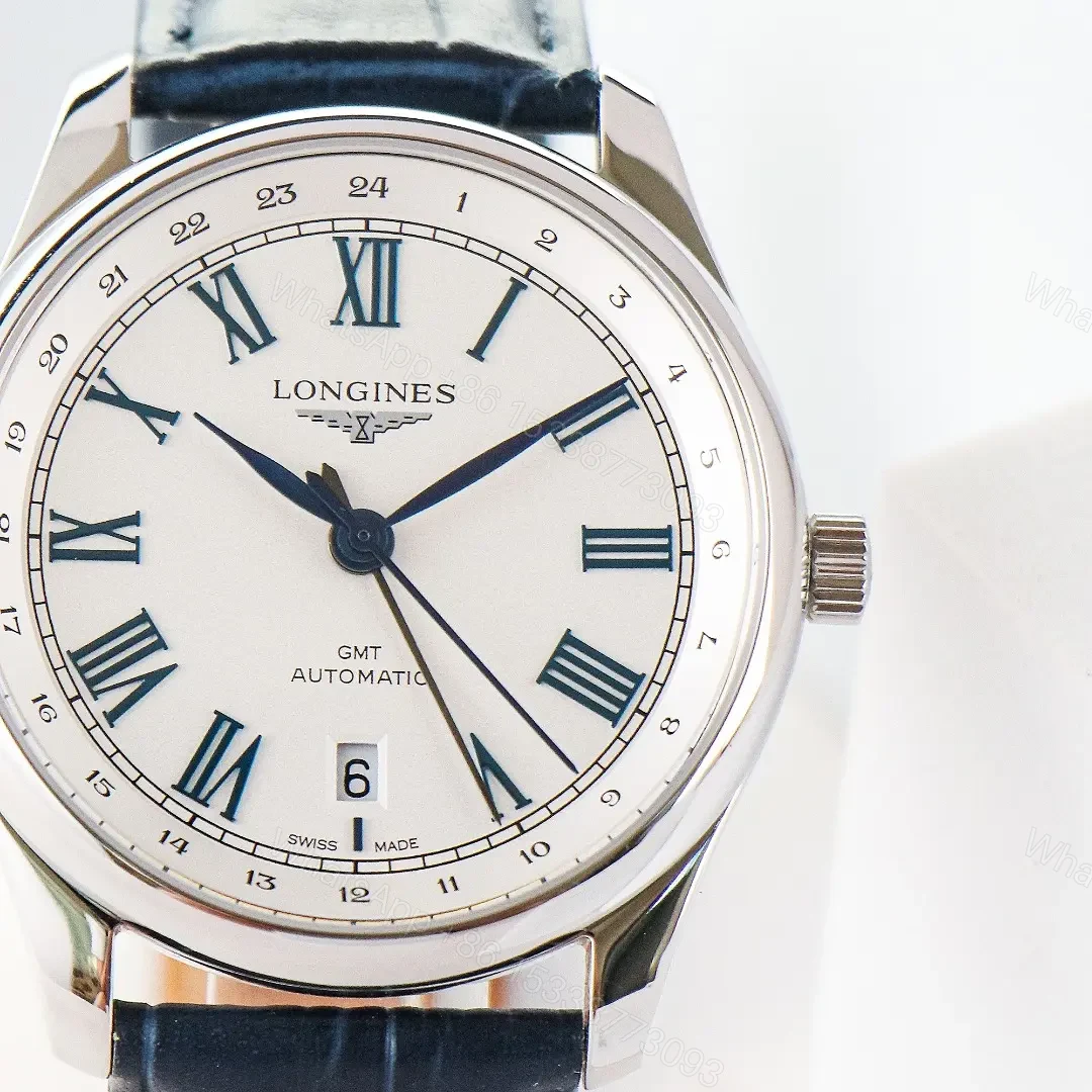 View 6 of Longines Master Classic Reproduction GMT Dual Time Watch White Dial Black Leather Strap Roman Numerals