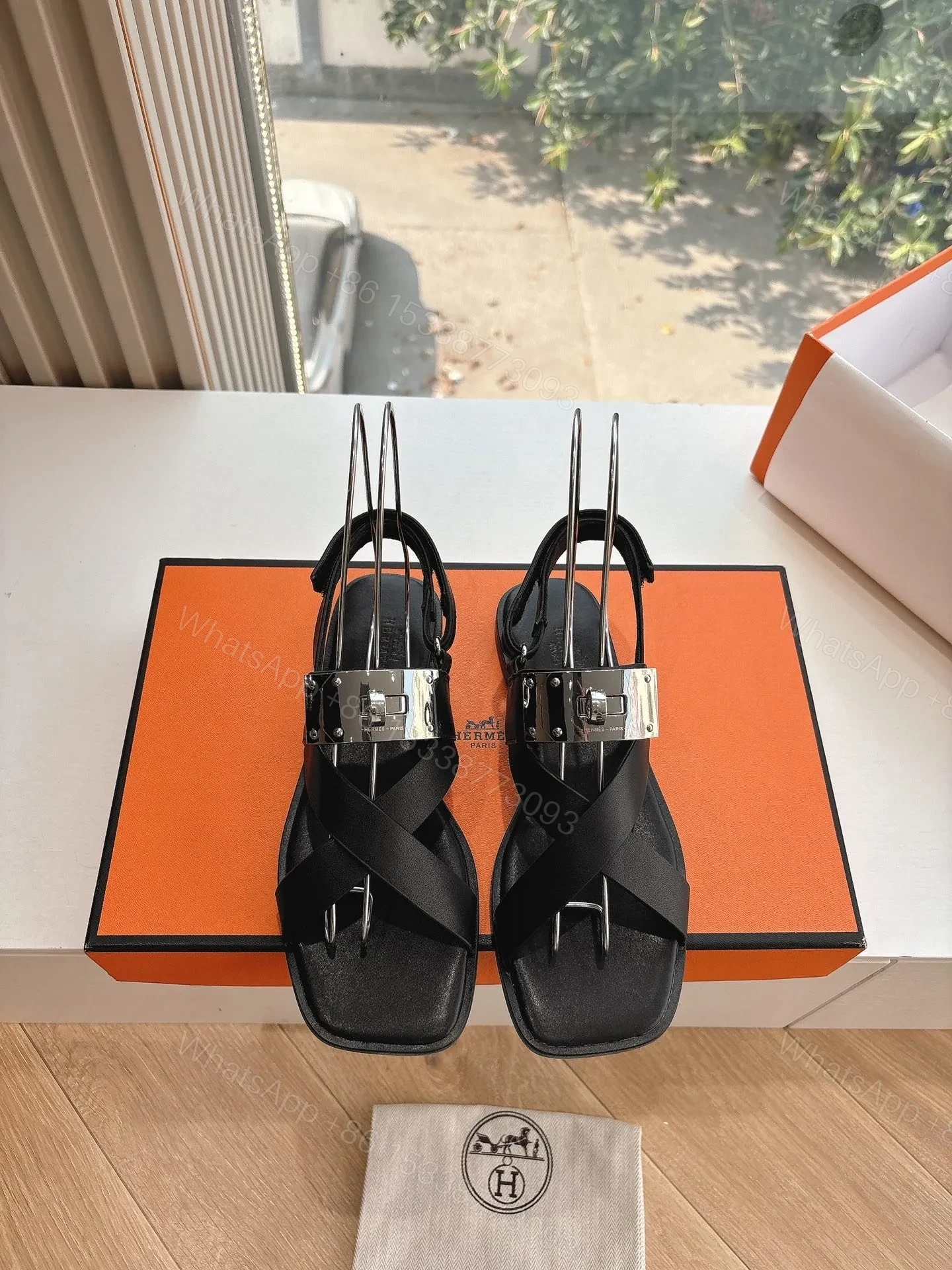 Hermes Women Black Leather Strappy Sandals — view 1