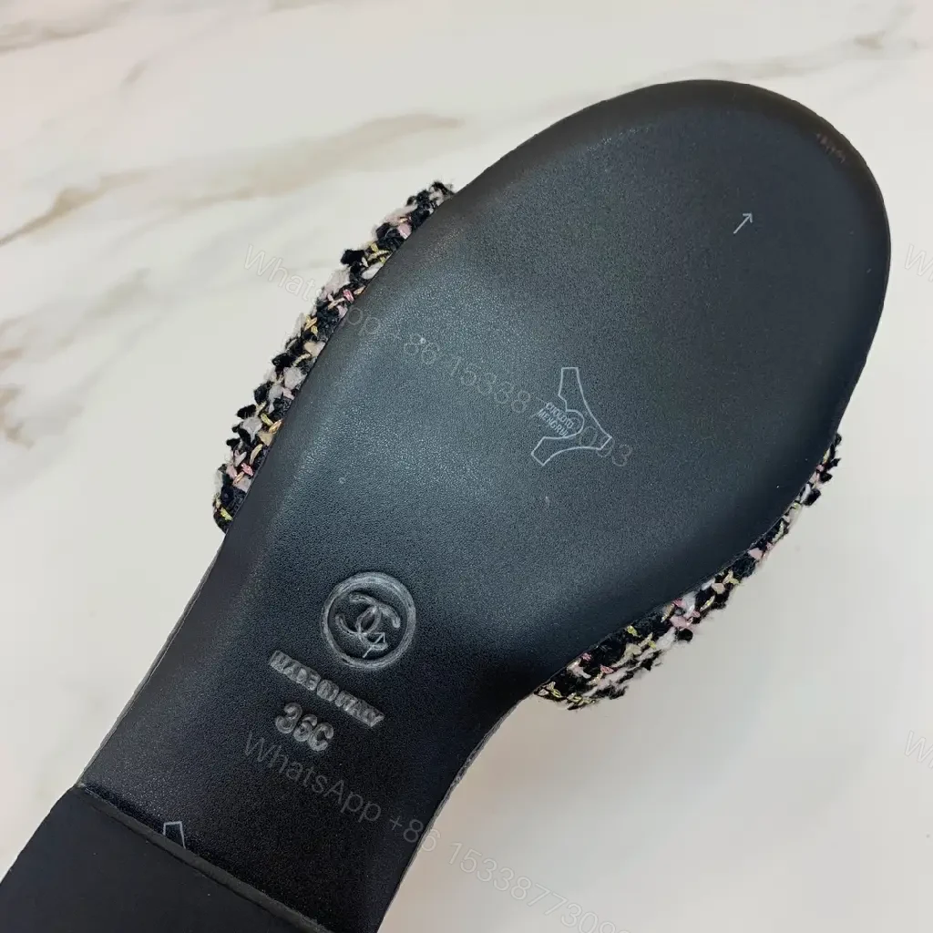 View 5 of Black Tweed Chain Slides Quilted Leather Modern Chanel Logo Sandals