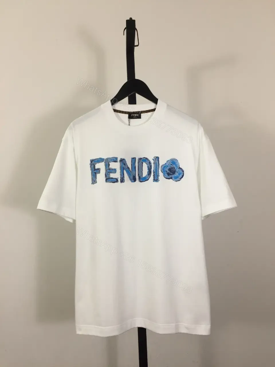 View 8 of White/Blue Textured FENDI Logo Crewneck T-Shirt
