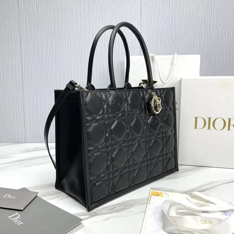View 7 of Structured Black Quilted Handbag with Dior Charm