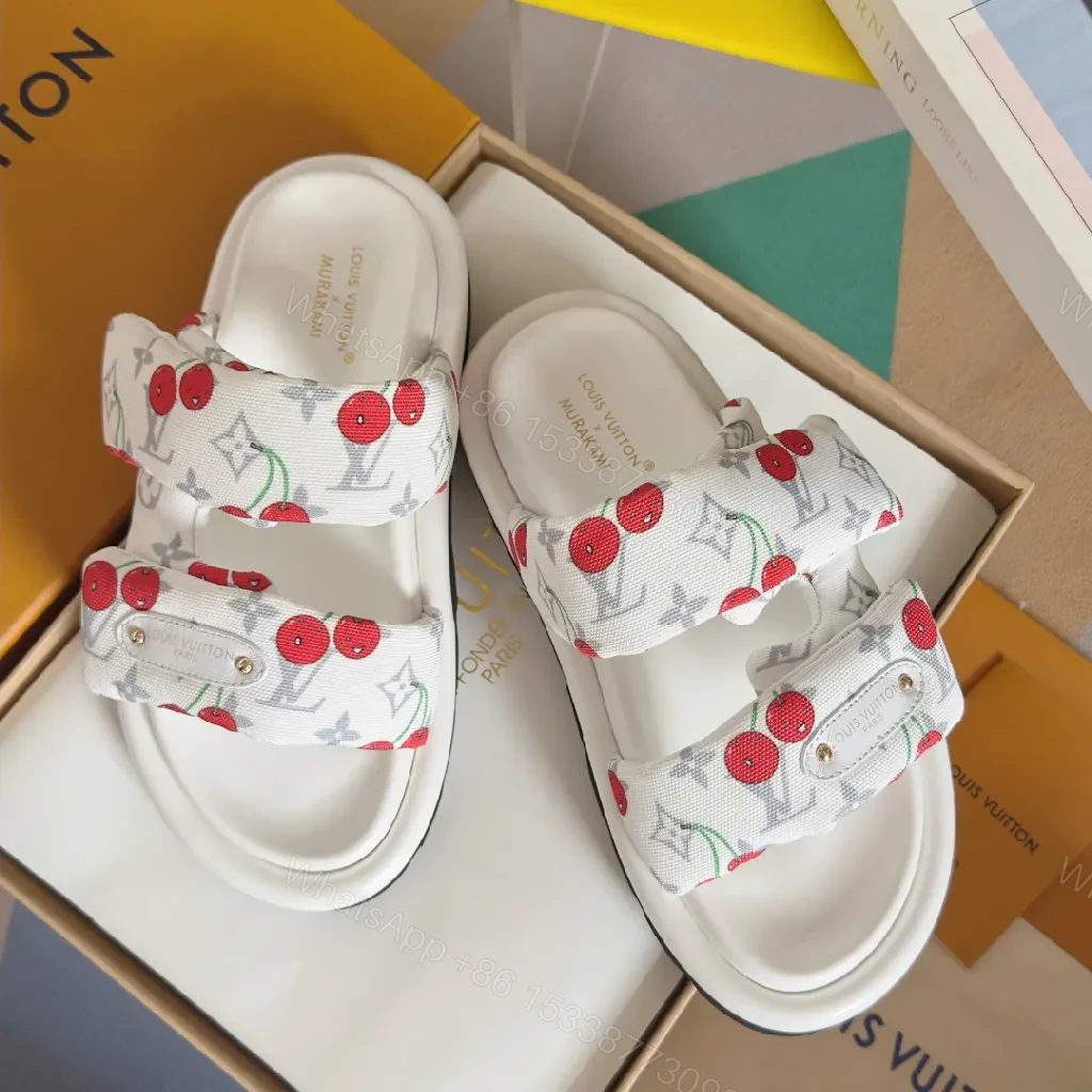 White Canvas Cherry-Print Slides with Monogram, Velcro Strap, Comfort — view 1