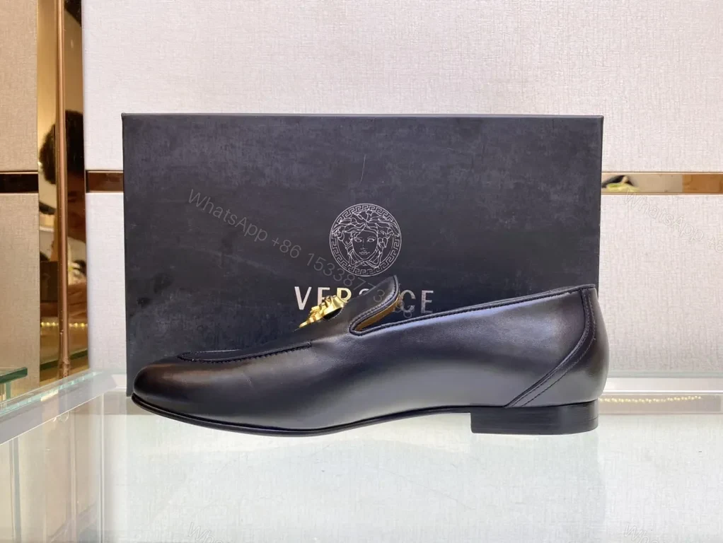 View 7 of Navy Calfskin Loafers + Gold Medusa Buckle â€” Versace-Inspired Luxury
