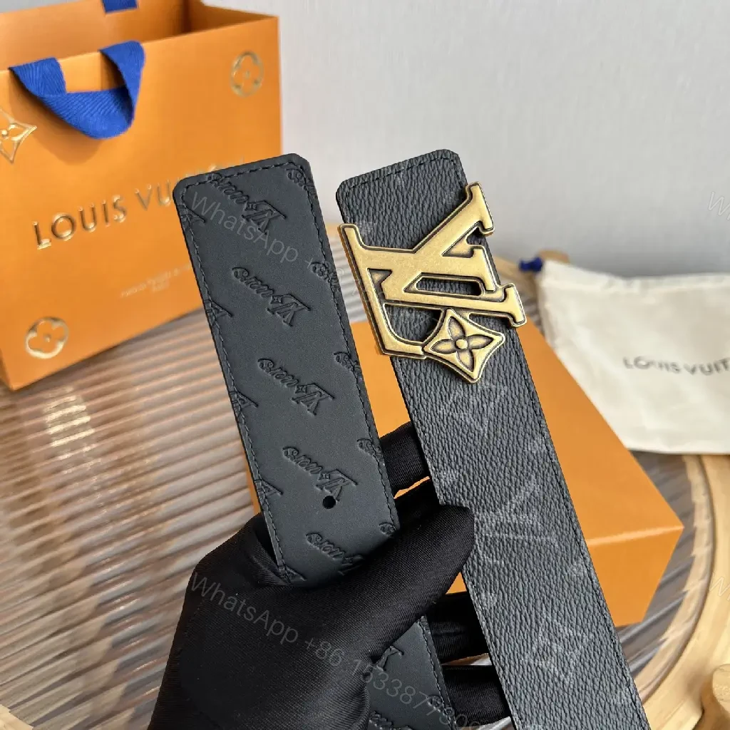 View 7 of Dark Gray/Black Leather Belt – LV Monogram, Pebbled Texture, Silver Buckle