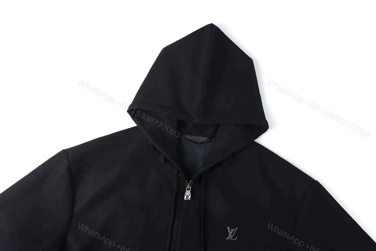 View 3 of Black Cotton Zip Hoodie with Subtle Monogram Embroidery