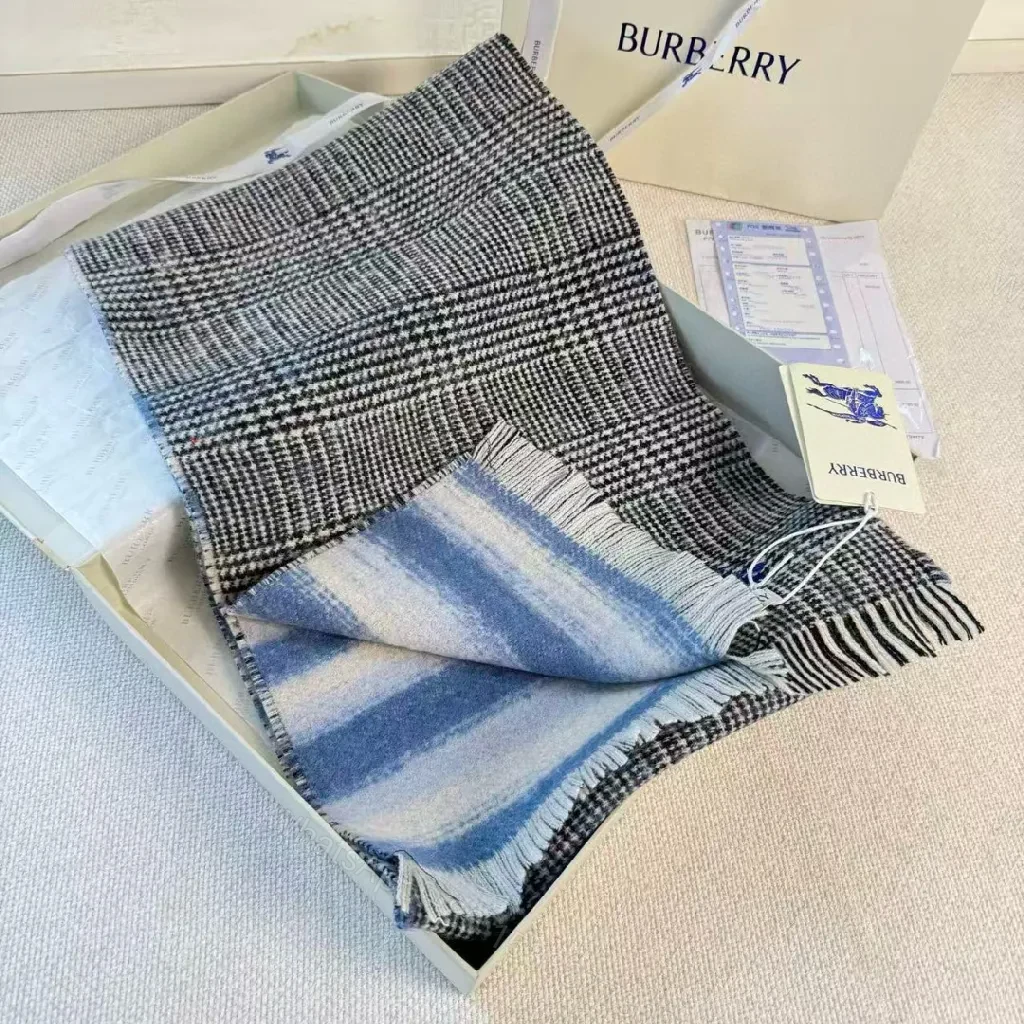 View 2 of Cozy Plaid Scarf – Soft Knit, Fringed Ends, Navy Embroidery