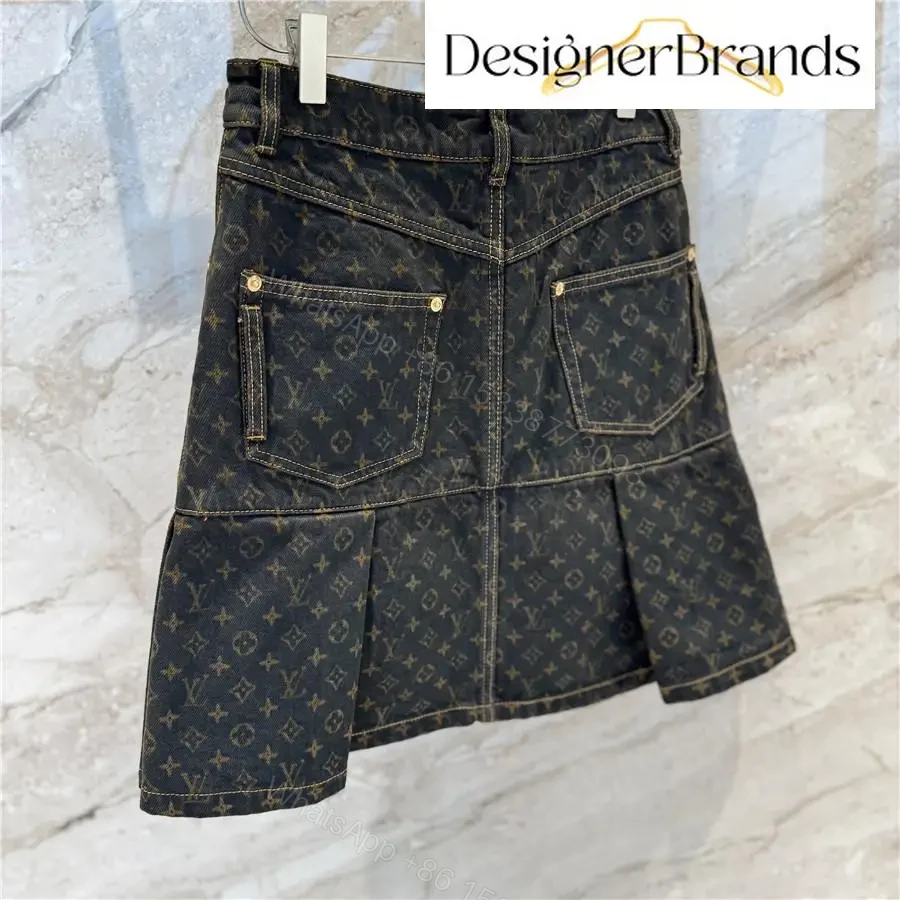 View 7 of Monogram-Denim A-Line Skirt with Visible Hardware