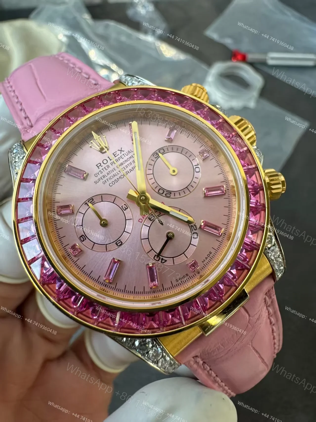 View 4 of Rolex Daytona 126538TRO Pink Dial with Diamond Indexes Pink Sapphire Bezel on Pink Leather Strap Best Super Clone