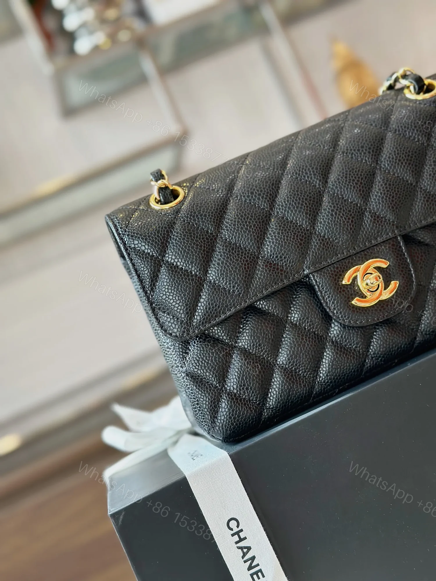 View 2 of Chanel Classic Handbags With Lock Gold Black Leather 23cm