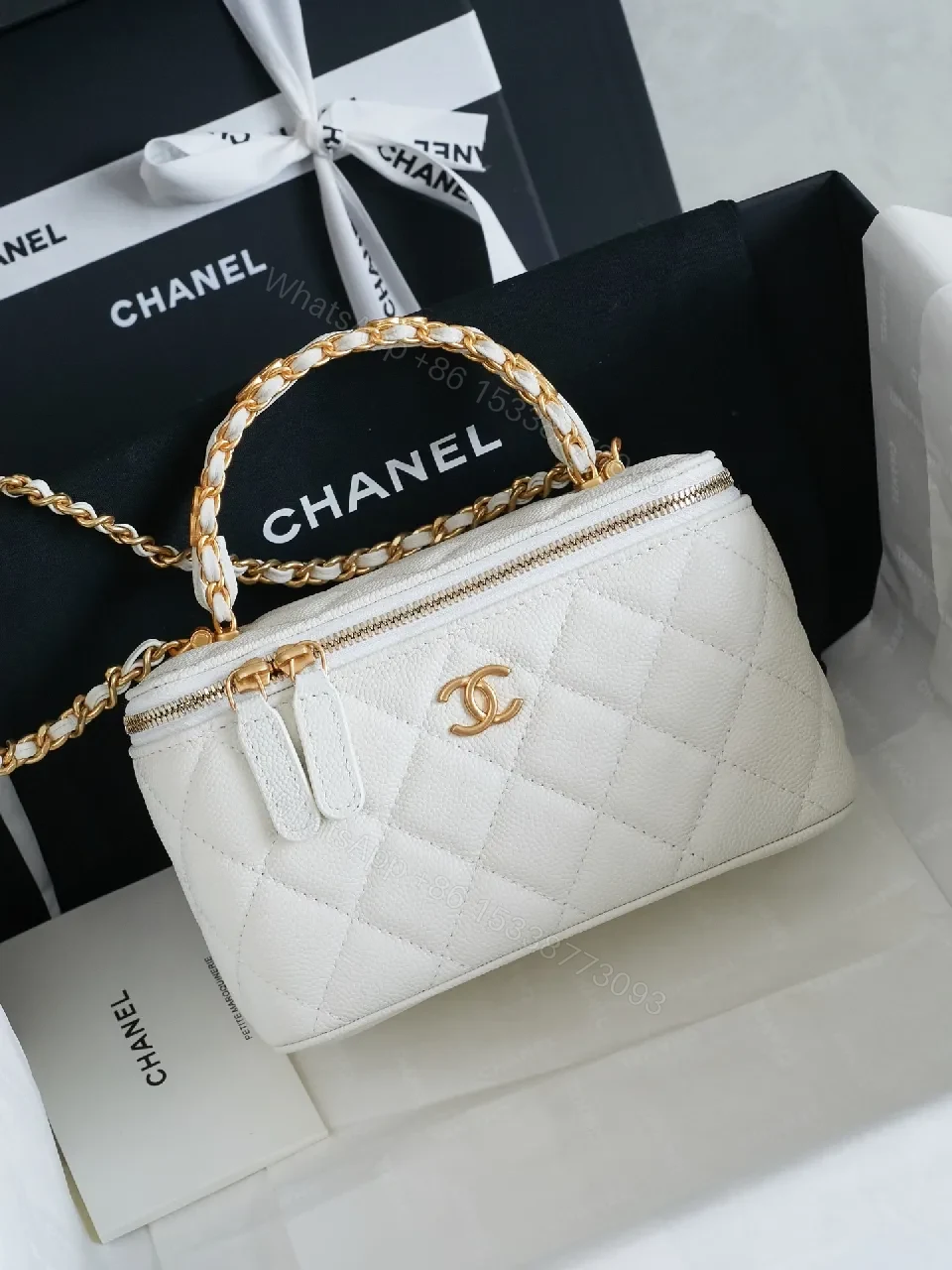 White Quilted Mini Bag with Gold Chain — view 1
