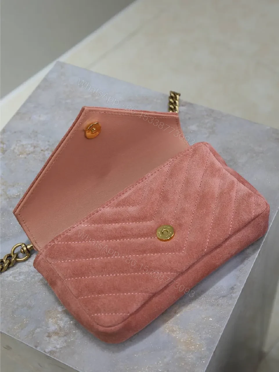 View 8 of Rosy Pink Quilted Mini Bag with Gold Hardware