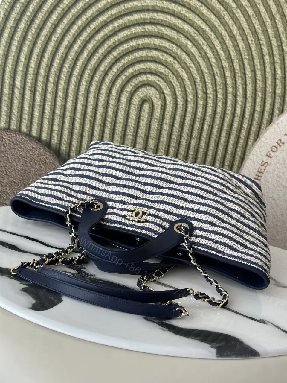 View 3 of Navy Stripe Woven Tote Bag with Leather Accents and Chanel Logo