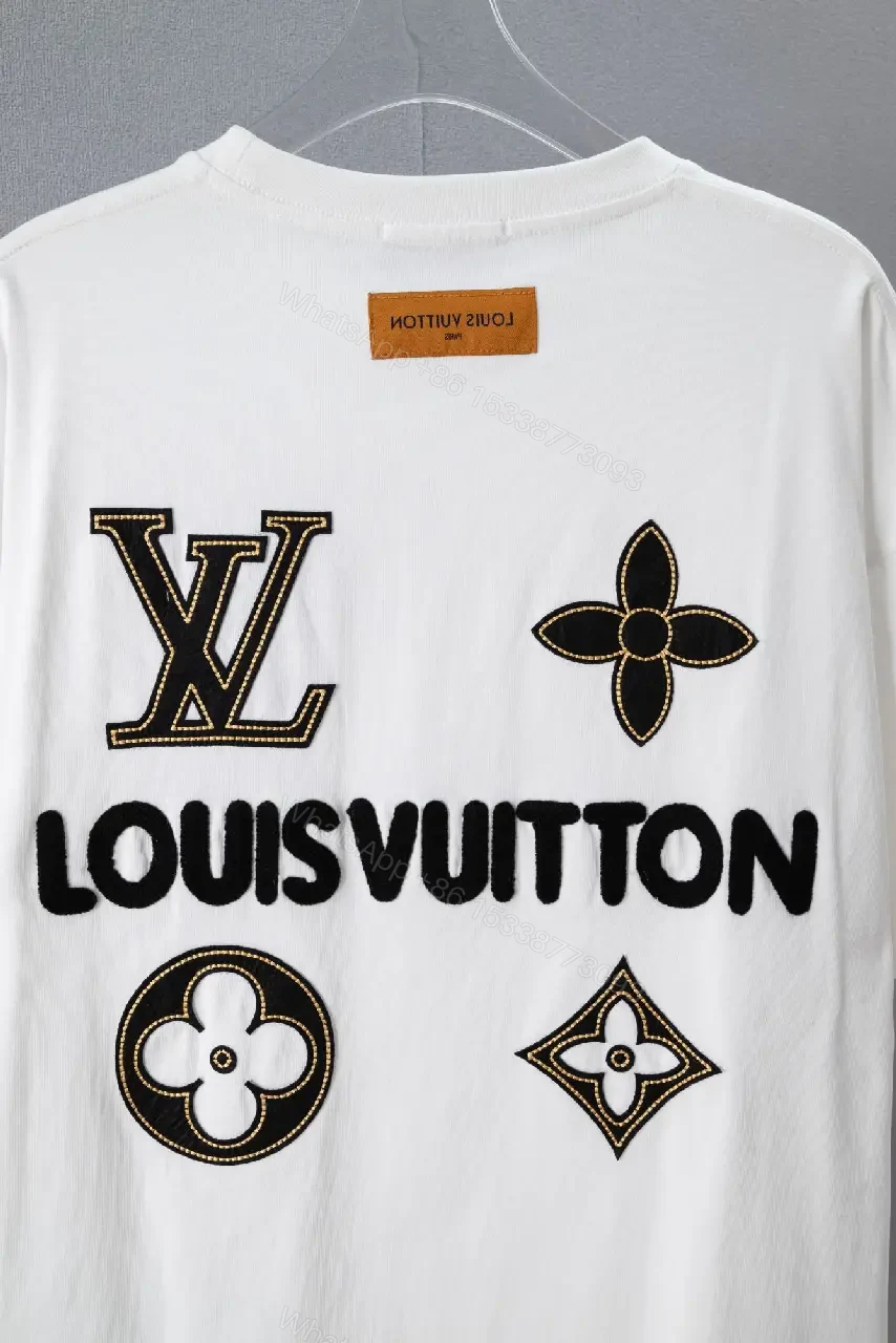 View 11 of White Cotton Relaxed-Fit T-Shirt with Black LV Logo Embroidery Crew Neck Short Sleeve