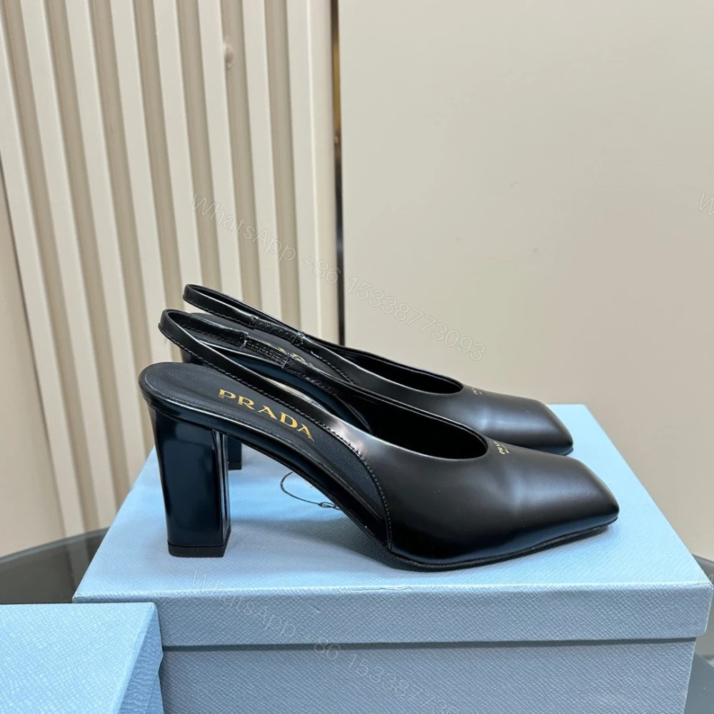 View 4 of 高仿Prada*1I838M方頭粗踭露跟鞋8.5CM小牛皮黑色免檢版