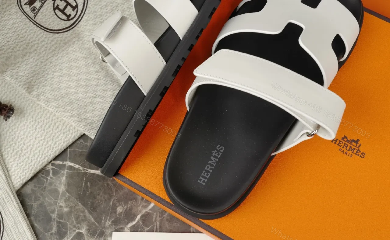 View 6 of Minimalist White Leather Sandals with Black Footbed and Hermes-Inspired Hardware