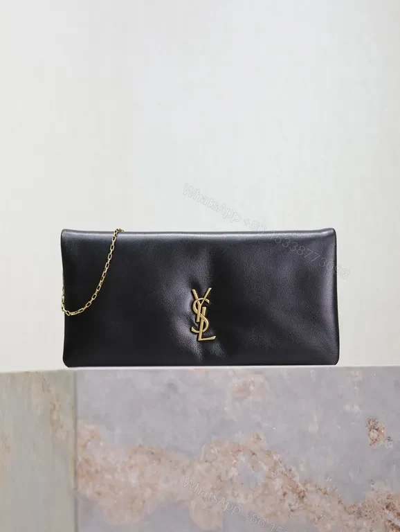 Elegant Black Leather Clutch with YSL Gold Emblem - Night-Ready, All-Day Confidence — view 1