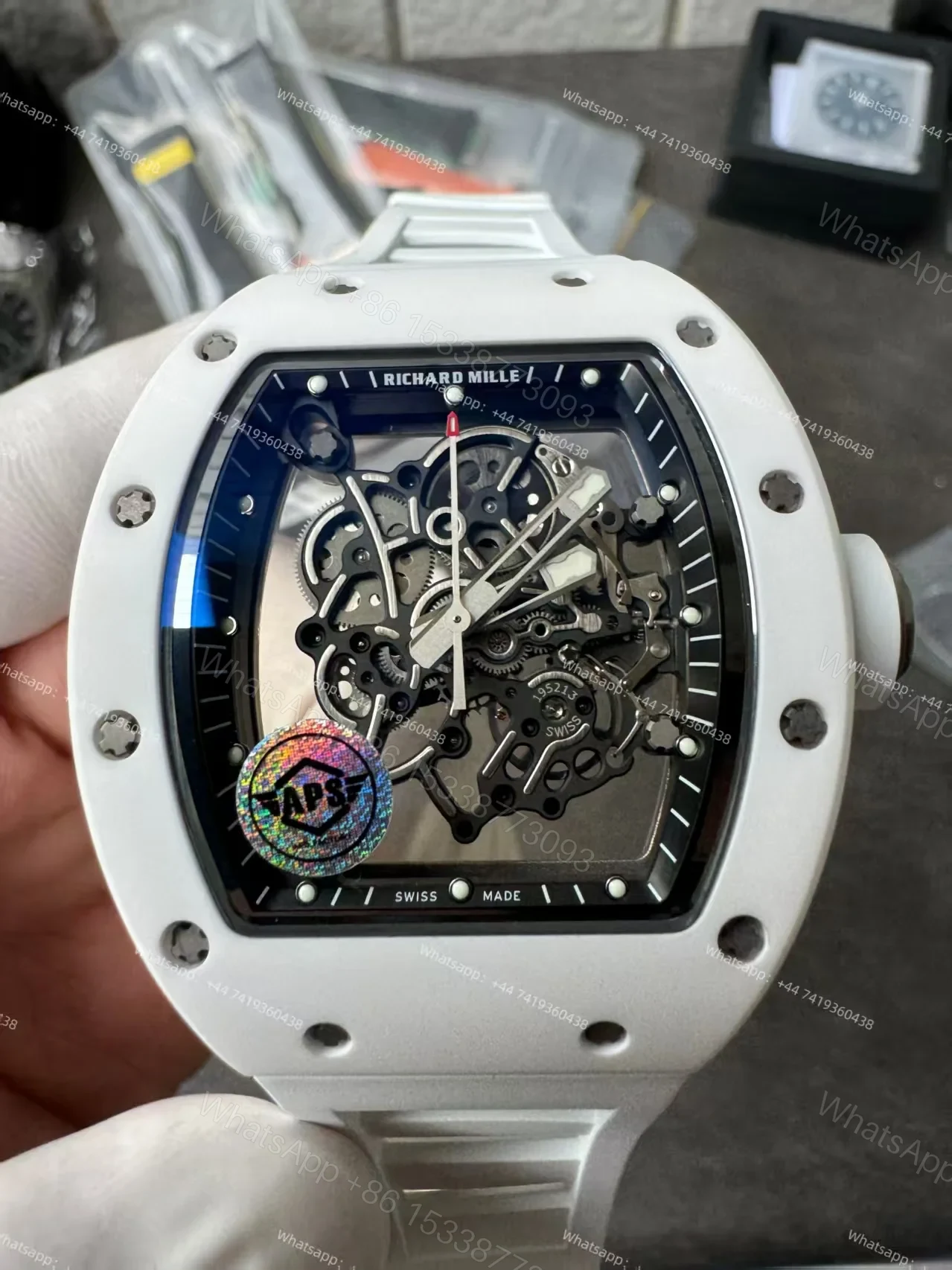 View 9 of Super Clone Richard Mille RM 055 White Ceramic Titanium Skeleton White Rubber Strap 1:1 Replica Watch