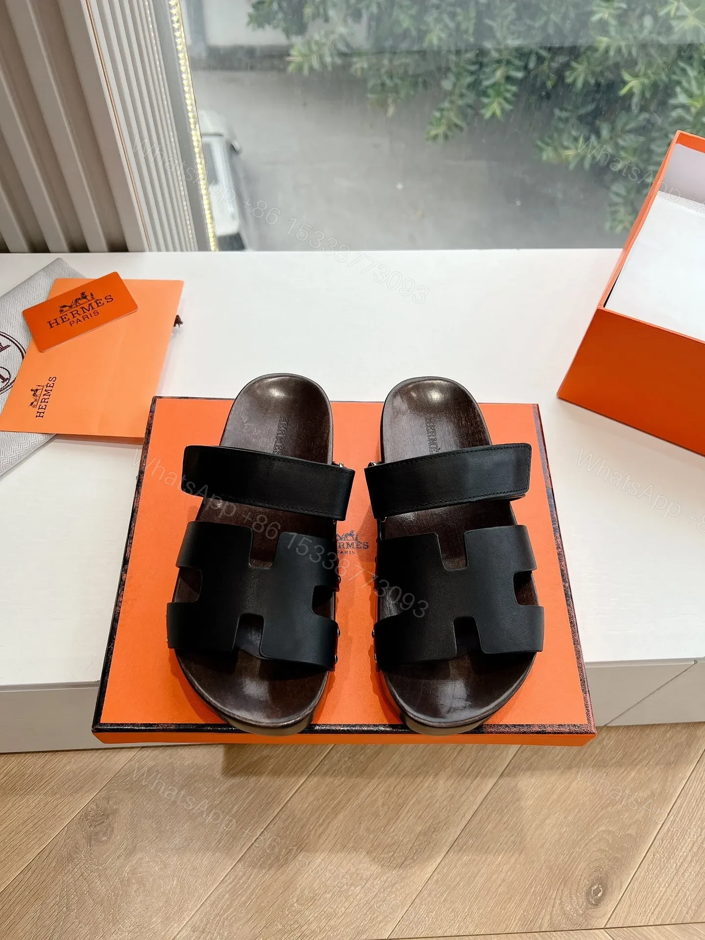 Hermes Women Black Leather Strap Sandals — view 1