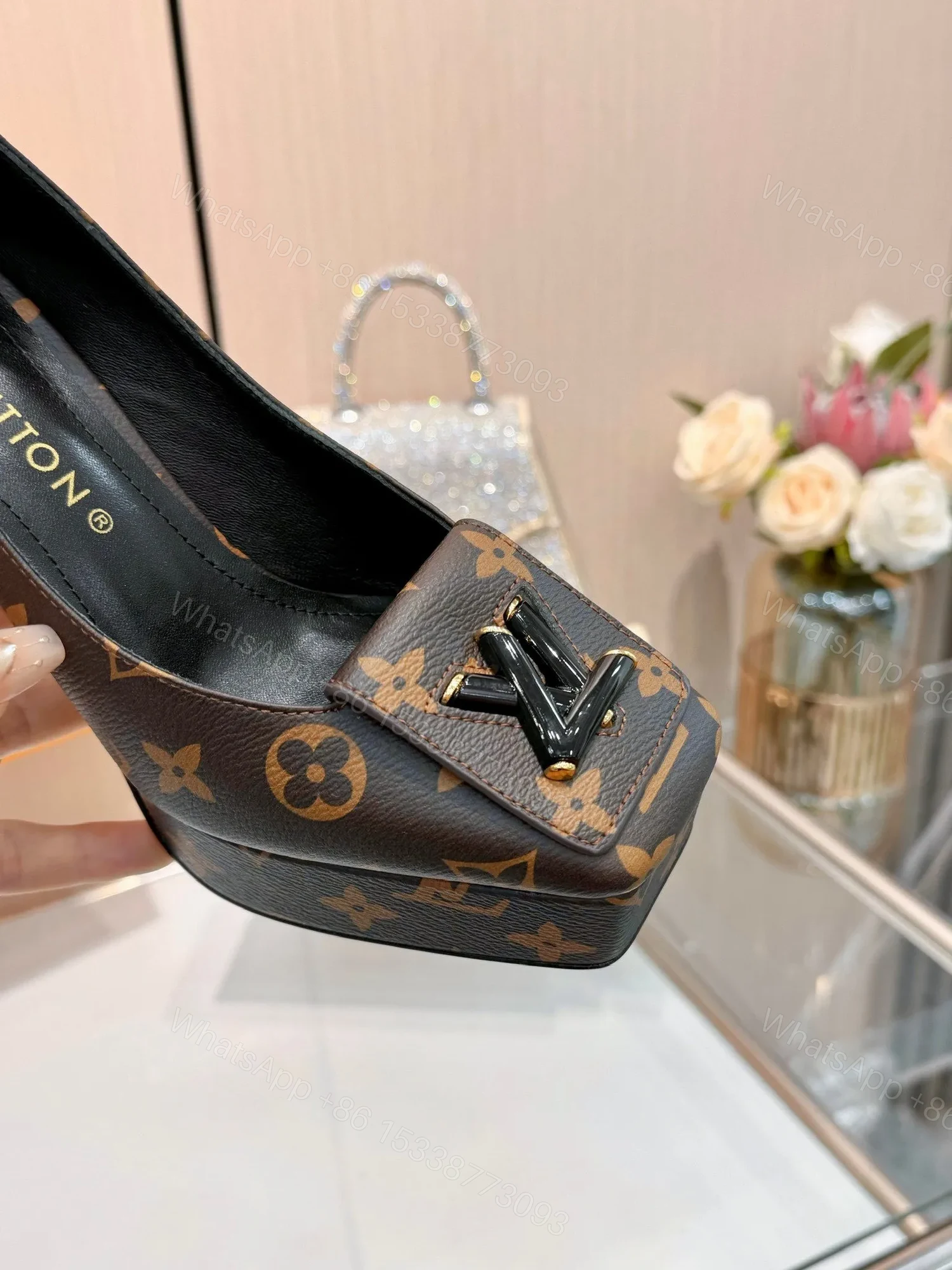 View 3 of LV Women Brown Leather Platform Heels