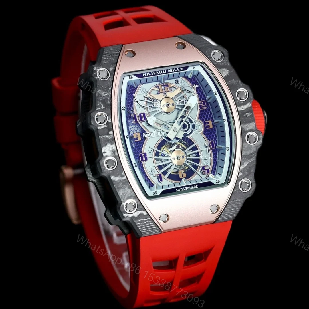 View 3 of Richard Mille RM21-01 Automatic Skeleton Watch 40MM Carbon Fiber Case Red Strap Aerospace Structure 20 Keyway Screws Premium Edition RM-RM21-01-CF-RED-SKL-40