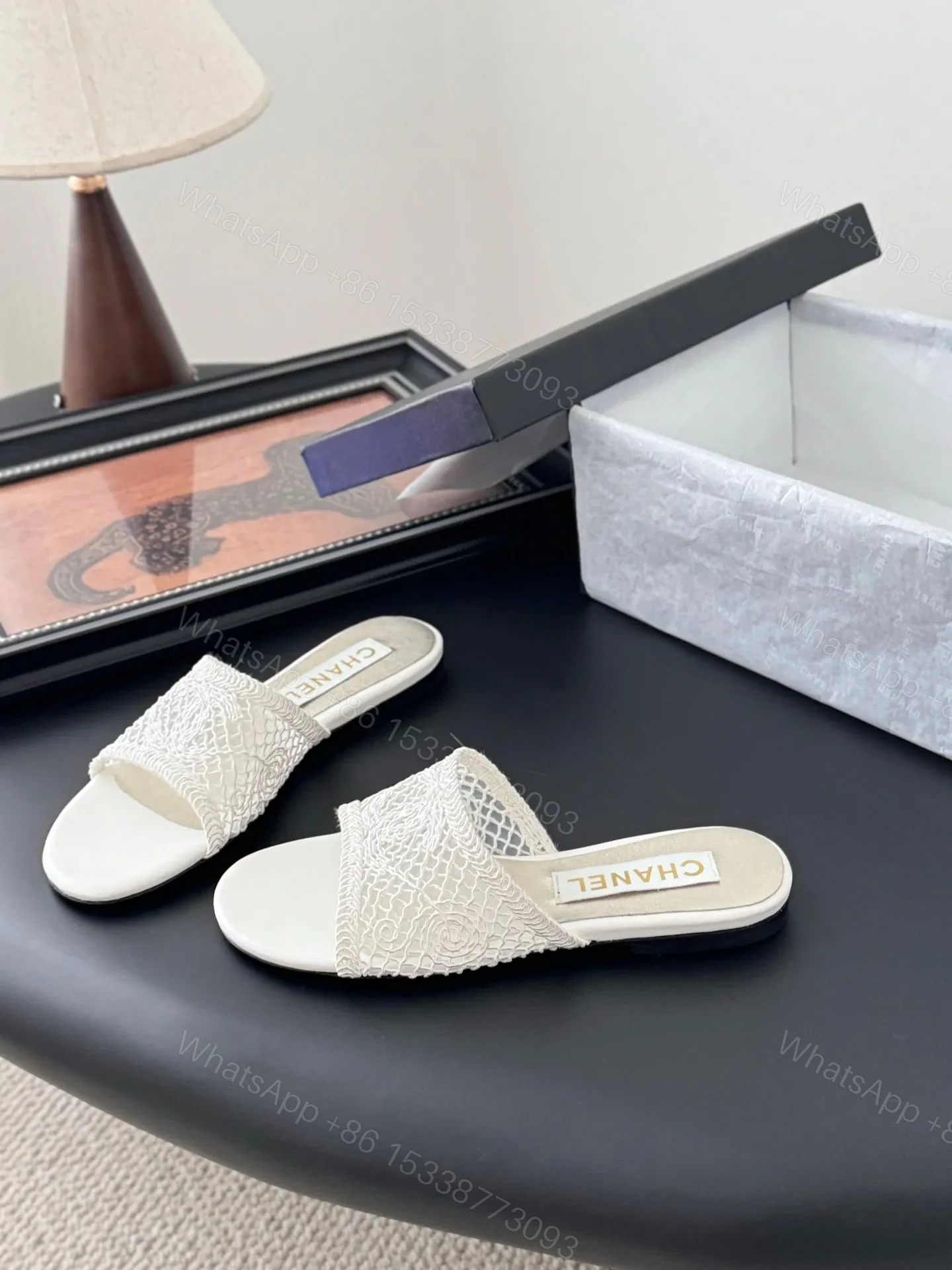 View 2 of Chanel Women White Lace Mesh Slides