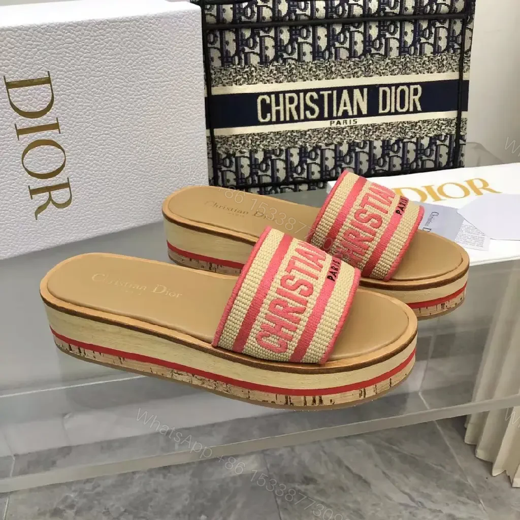 View 5 of Red-Tone Canvas Slide Sandals with Striped Band, Dior-inspired