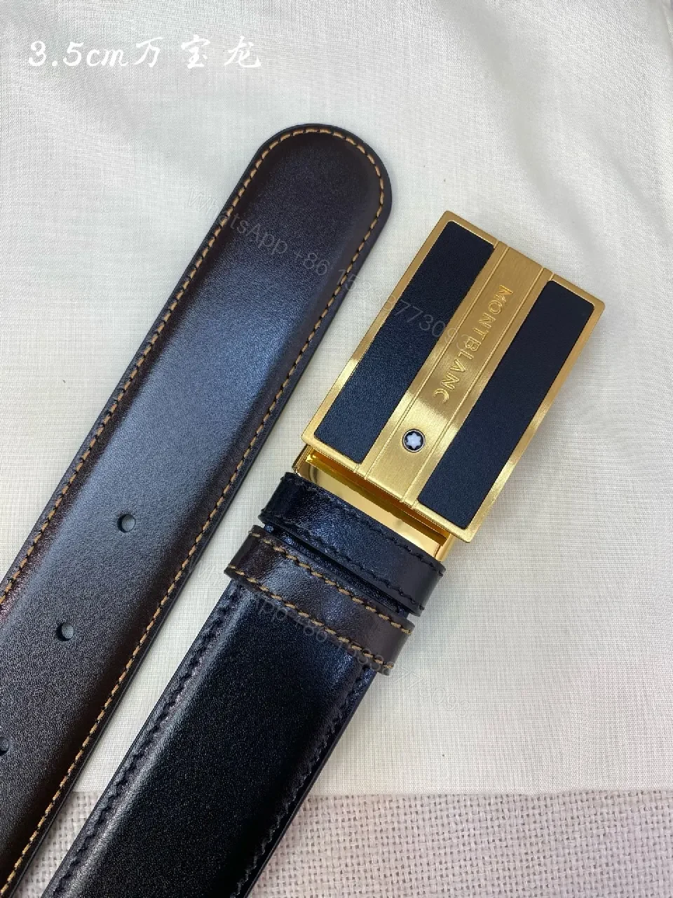 View 2 of Black Leather Belt with Gold-Plate Buckle, Premium Luxury Style