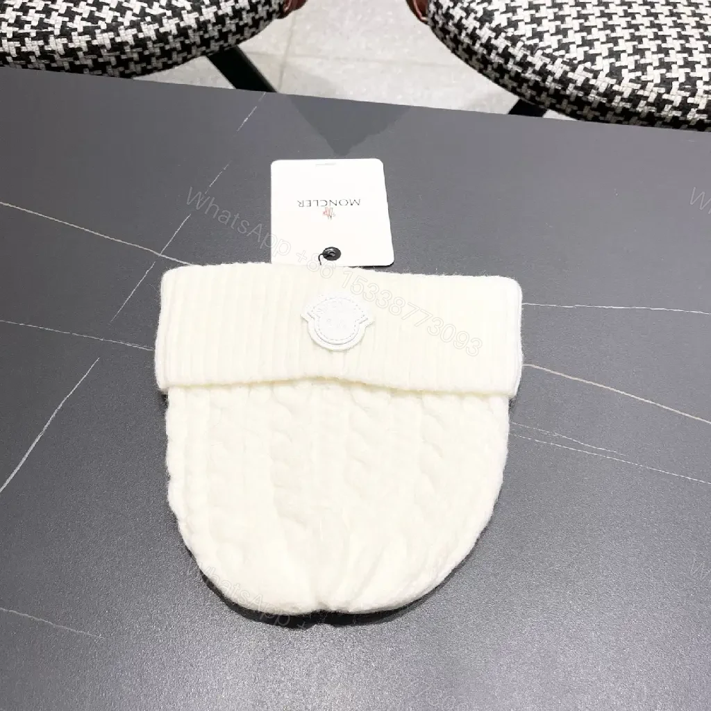 View 3 of White Knit Beanie: Premium Ribbed Cuff, Luxury Badge, Warmth