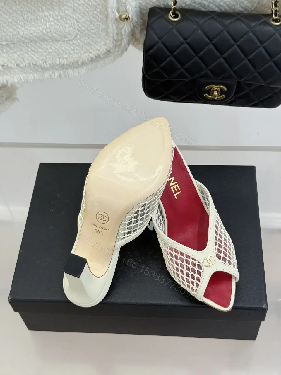 View 9 of White Mesh Heels Red Insole Classic Netted Upper Mule Sandals