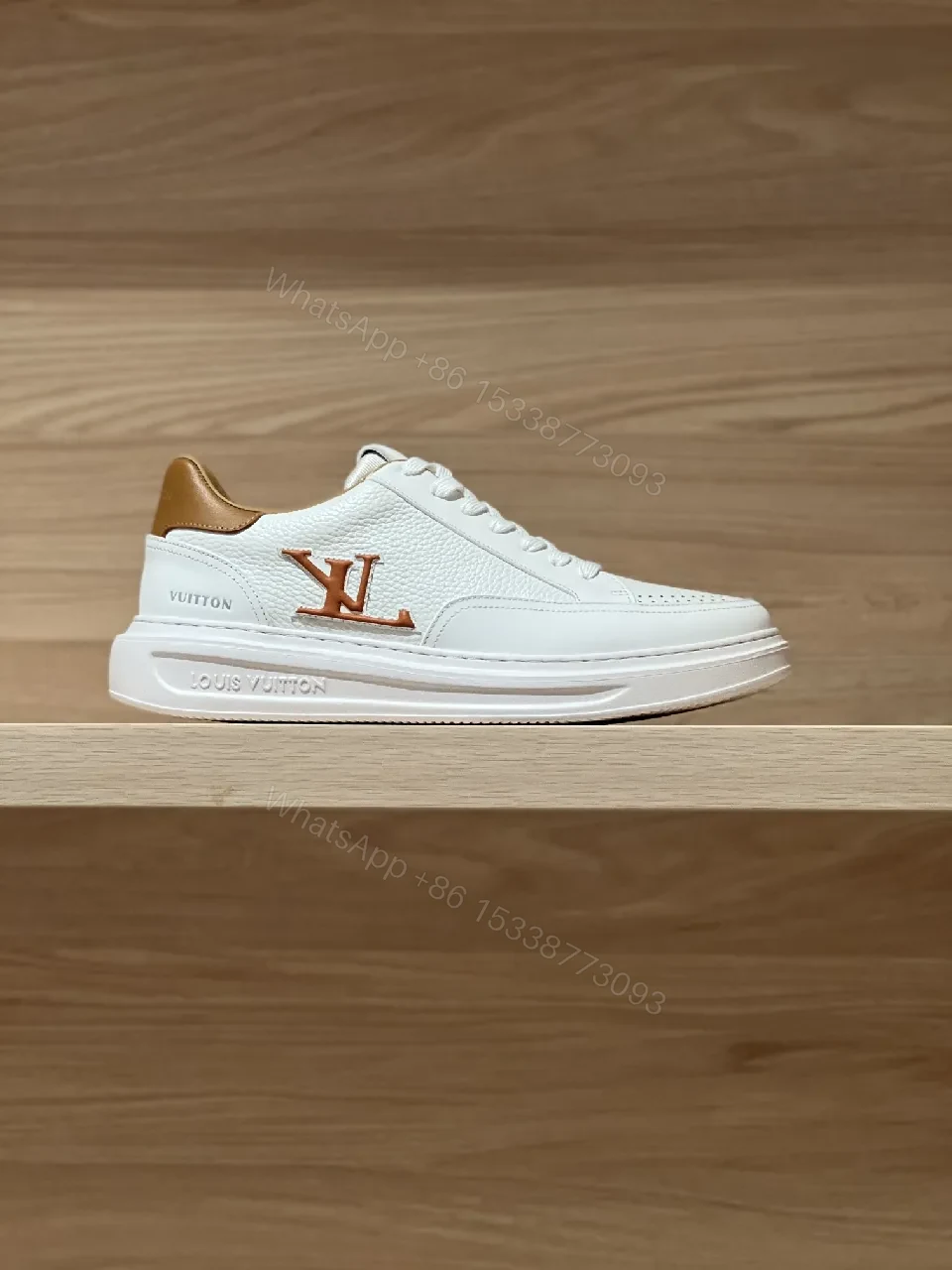 View 4 of White Leather Low-Top Sneakers - Contrasting Tan Accents & LV-Inspired Details