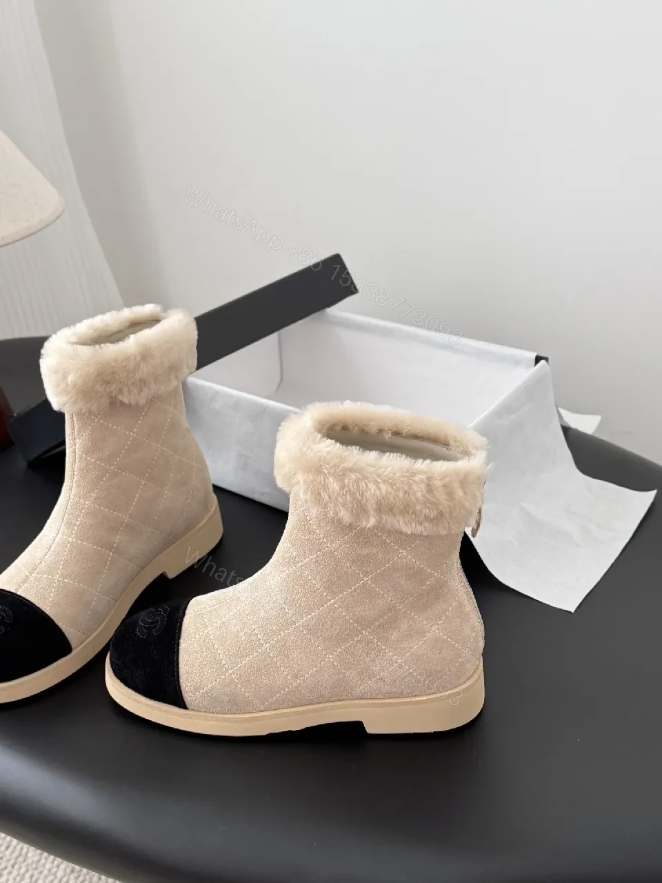 View 3 of Beige Quilted Booties with Black Suede Toe Cap Shine