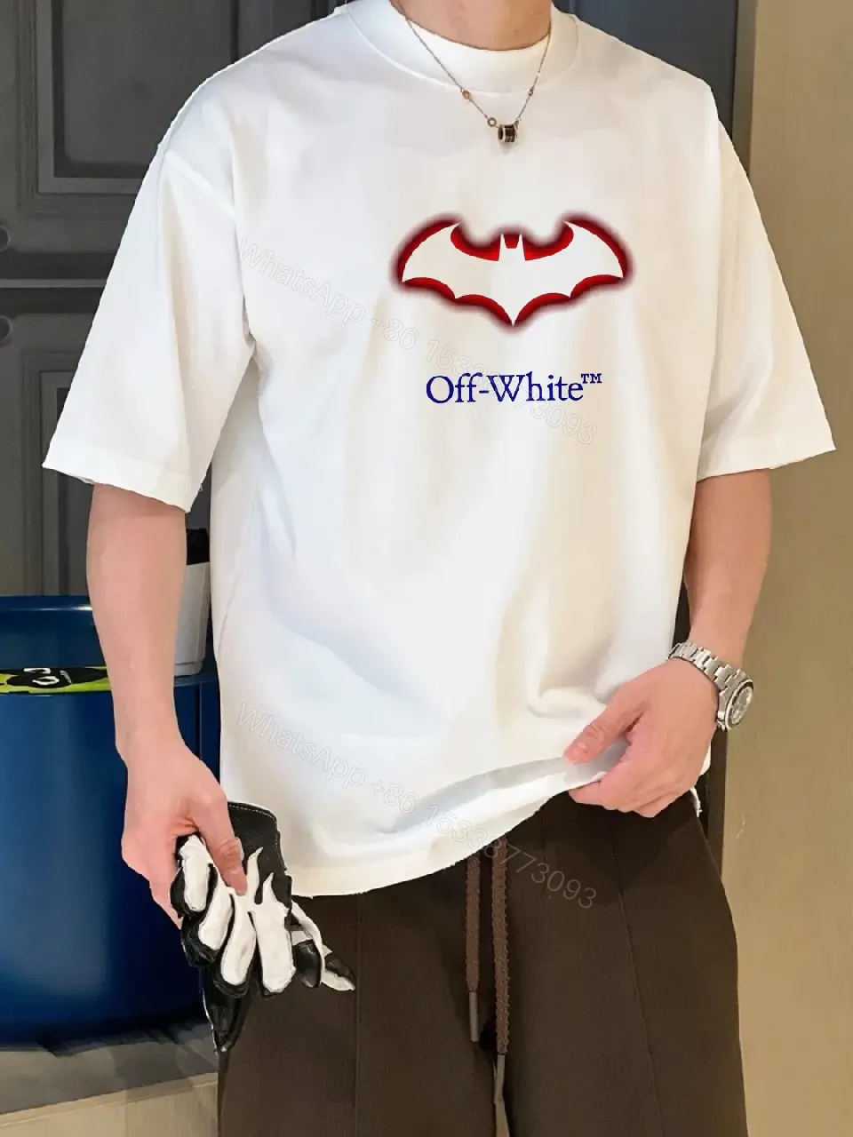 View 4 of Bold Graphic Tee: Red Bat + Off-White Typography, Cotton Blend