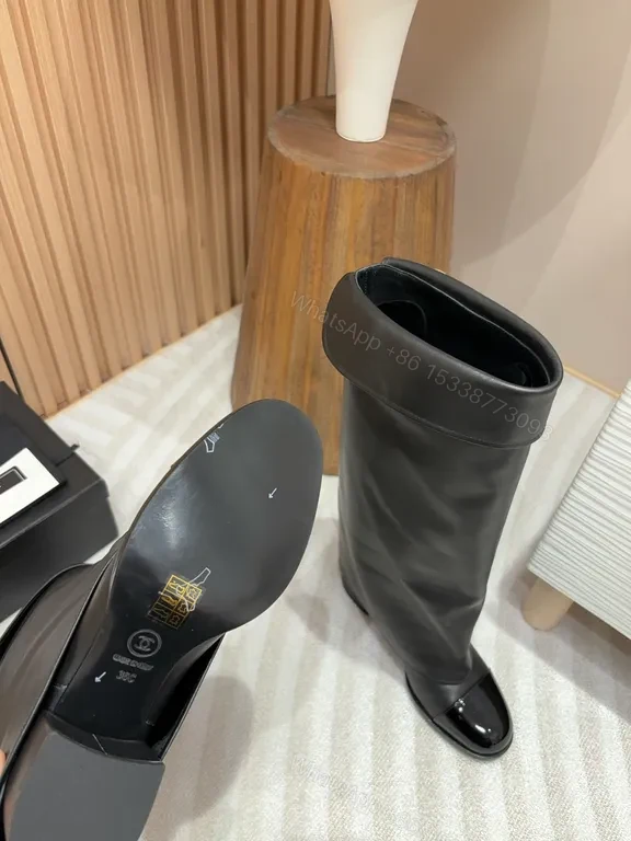 View 2 of Bold Faux Leather Knee-High Boots with Gold Hardware