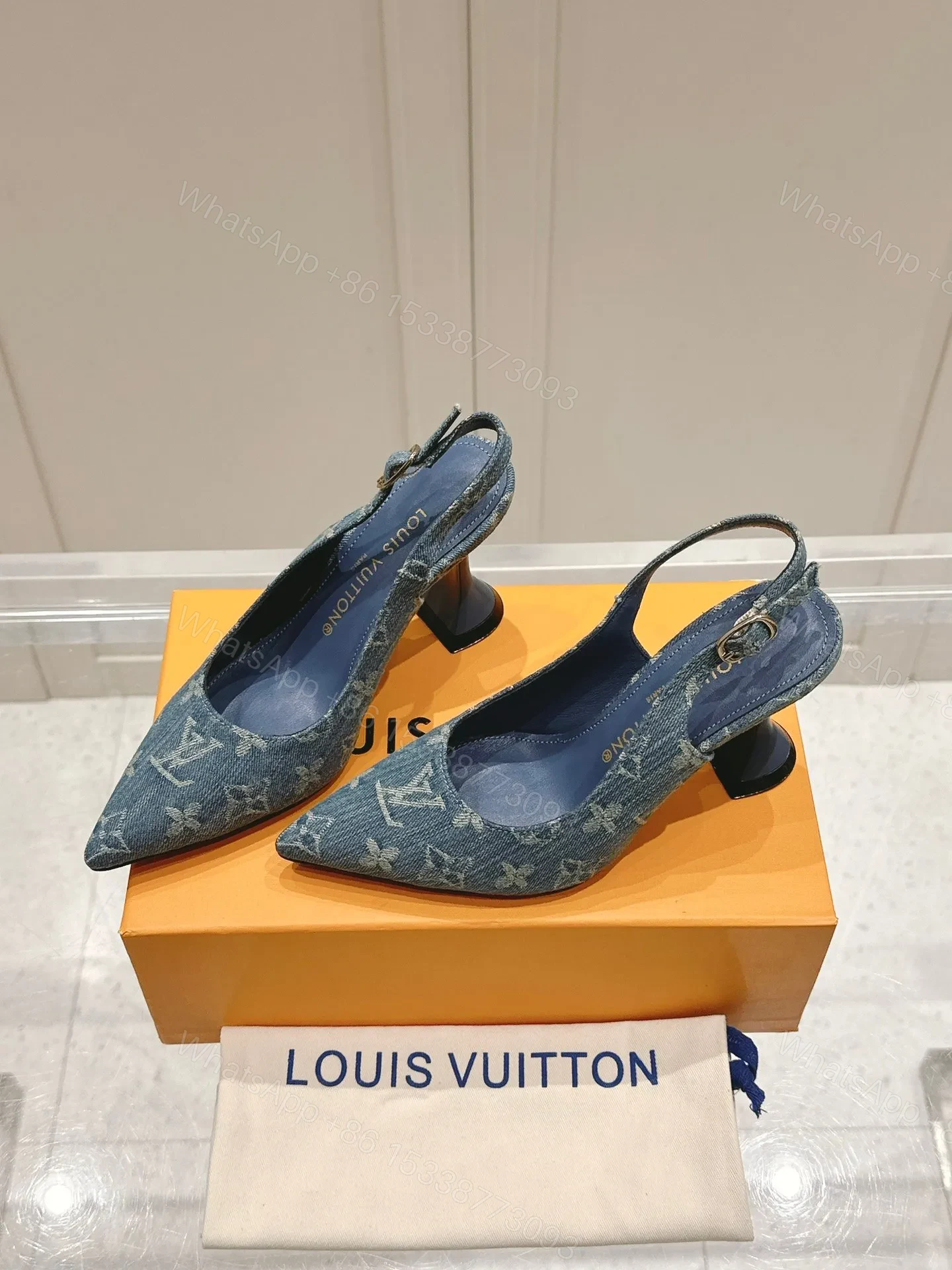 View 5 of LV Women Blue Denim Leather Trim Slingback Heels