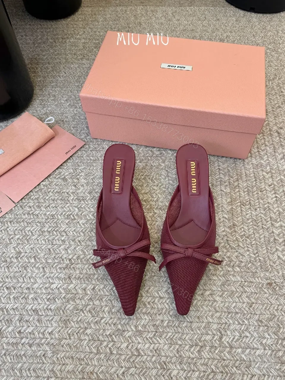 View 4 of Elegant Knit Mule with Bow Detail, Pointed Toe, Burgundy
