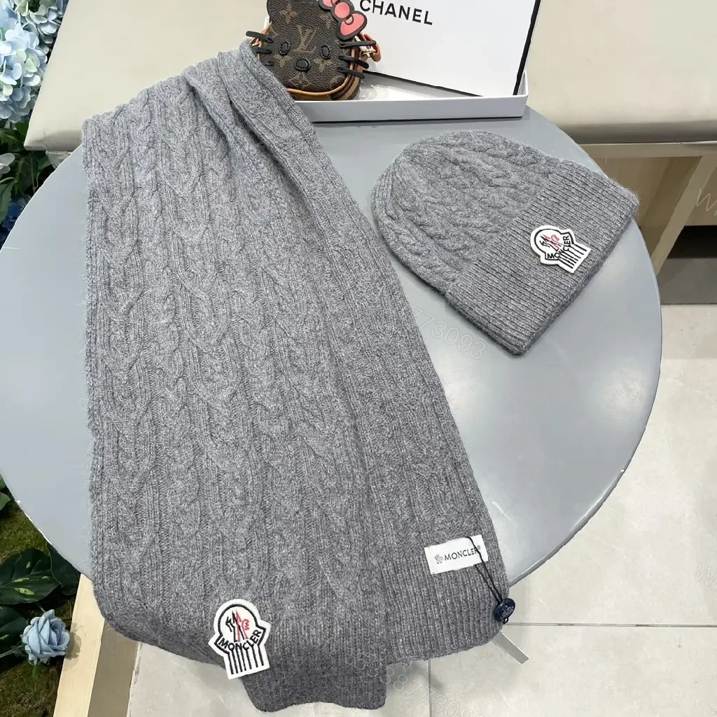 View 3 of Gray Cable-Knit Scarf & Beanie Set — Luxe Warmth, Subtle Moncler-Inspired Detail