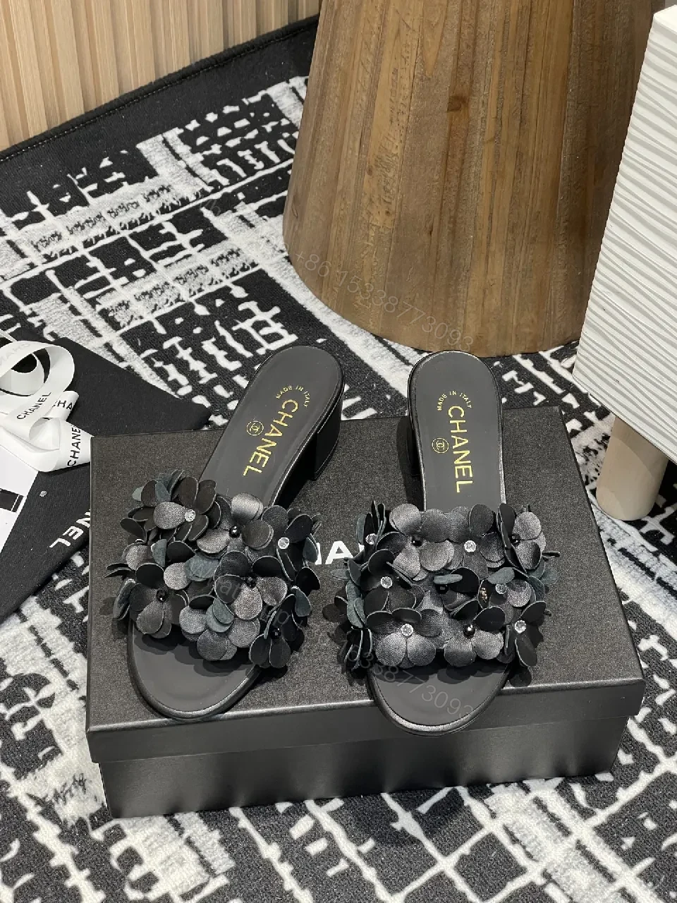 View 5 of Floral-Embellished Black Block-Heel Sandals