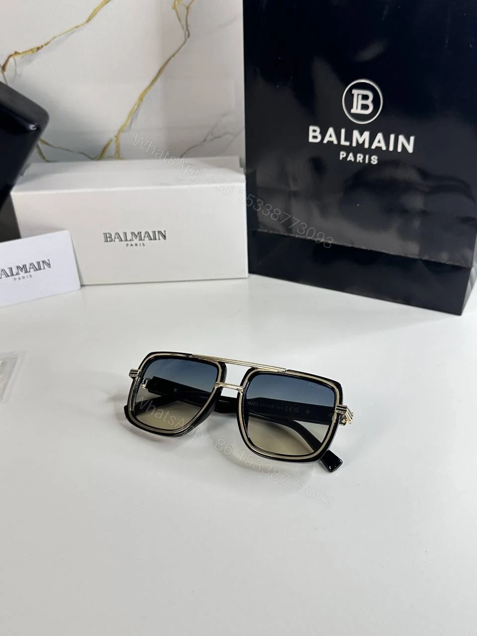 View 3 of First Copy Balmain Square Black Frame Sunglasses Grey Gradient Unisex UV Protection