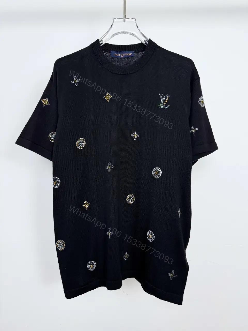 View 2 of Black Knit + Luxe Embellished + Modern Short-Sleeve + Signature Motifs + Knit Top