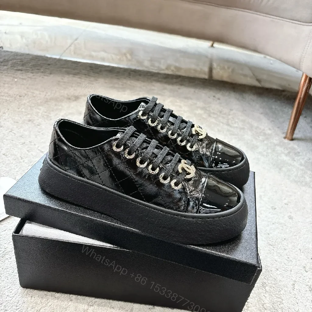 View 4 of Glossy Patent Leather Low-Tops with Gold Logo Hardware Sneakers